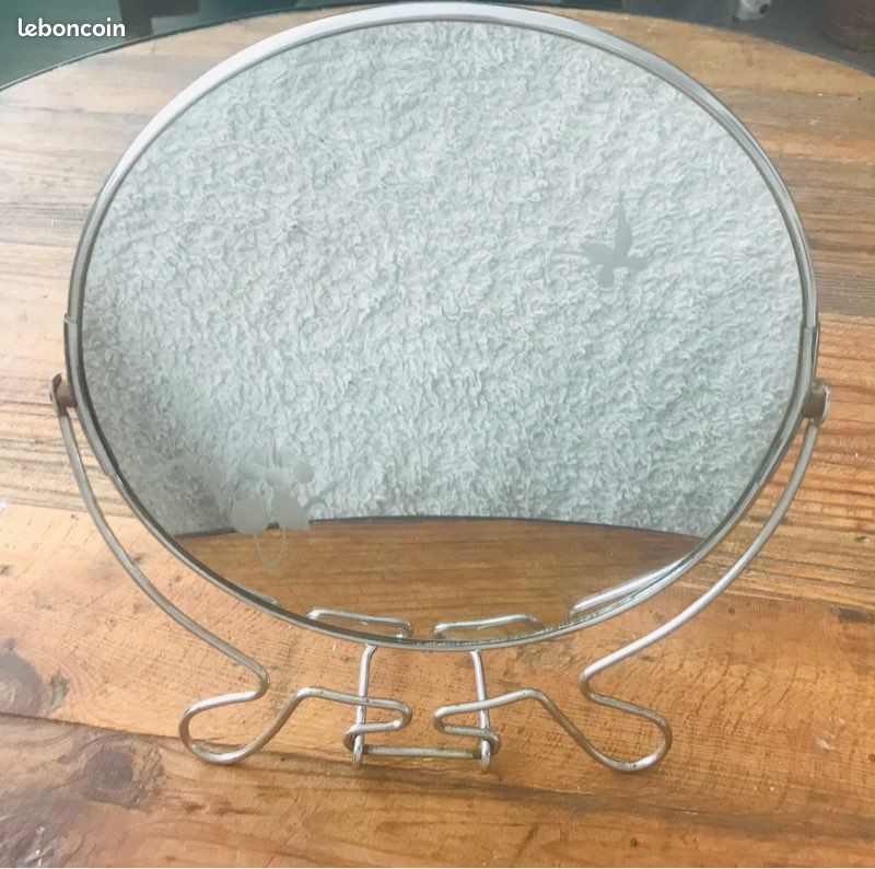 Miroir barbier rond vintage à poser, décor asiatique au verso (image 2)