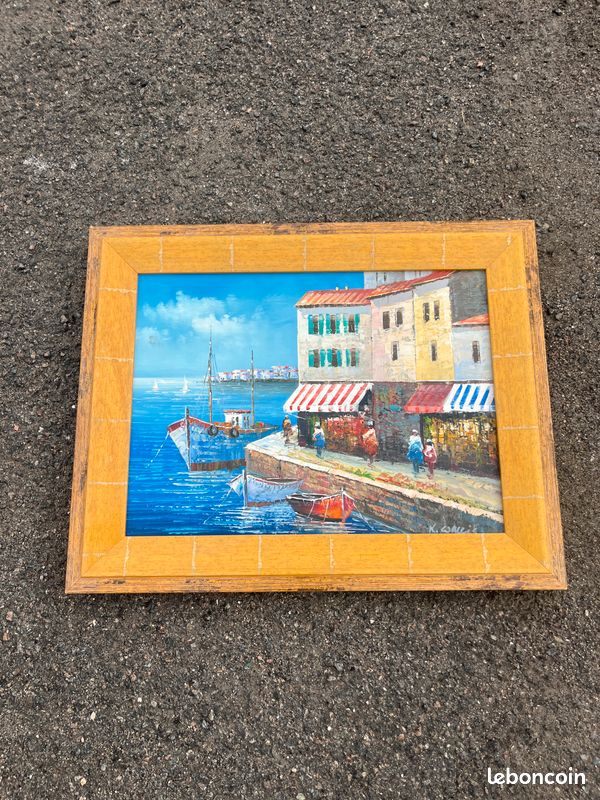 Tableau ancien encadré - Scène de port méditerranéen / Signé K. Wallis (image 2)