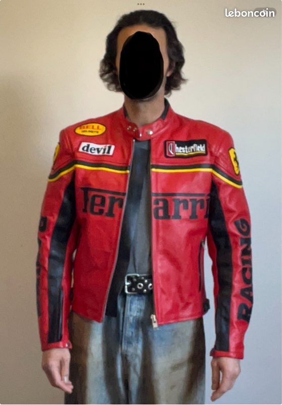 Blouson En Cuir Ferrari Racing Homme - Blanc Et Rouge, Style Moto Sport Auto