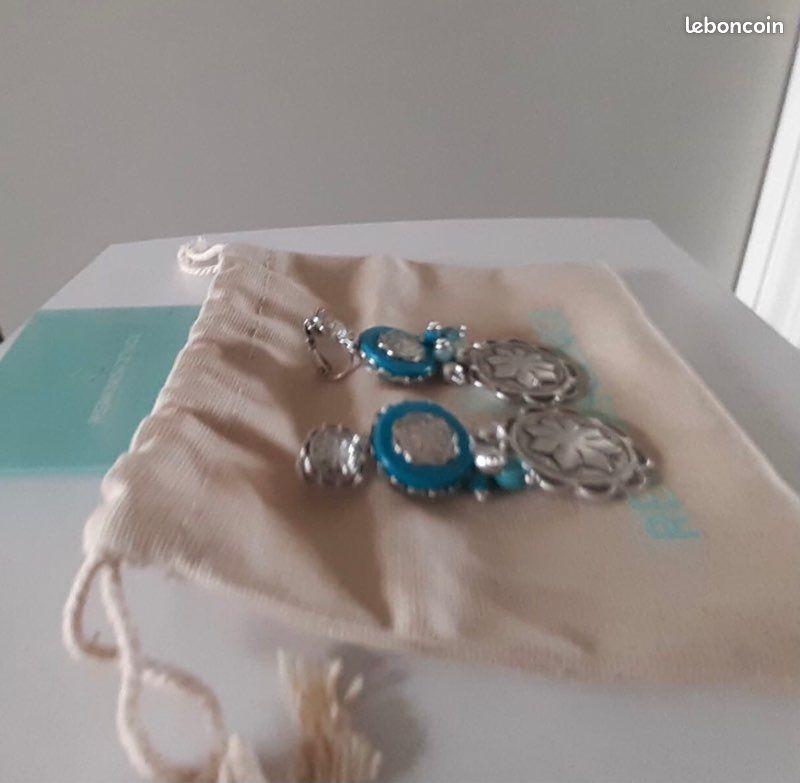 Boucles D'oreilles Clip Argenté Antique – Perle Blanche Et Turquoise – Sans Perçage
