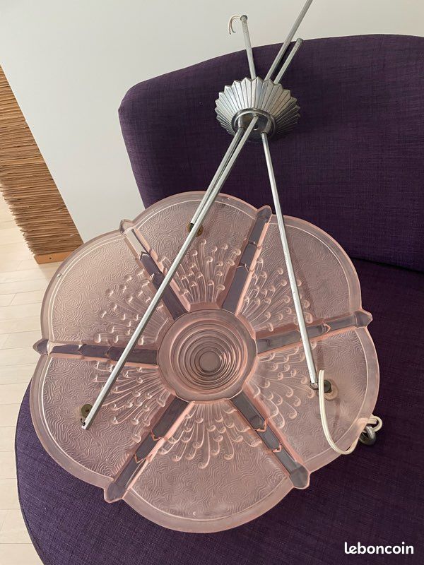 Lustre verre rose et métal chromé Art Déco (image 4)