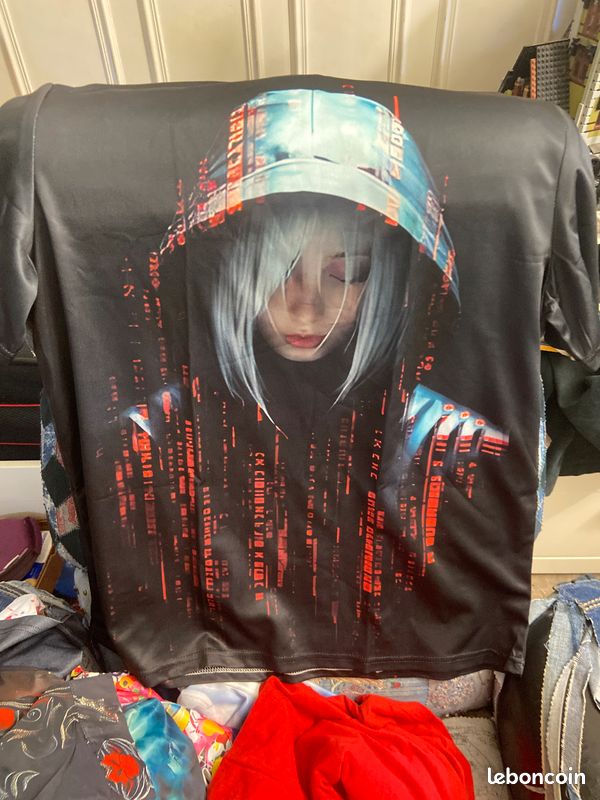 T-shirt imprimé fille cyberpunk casquette néons neuf - taille XL - polyester manches courtes, motif urbain futuriste intégral, léger et respirant (image 1)
