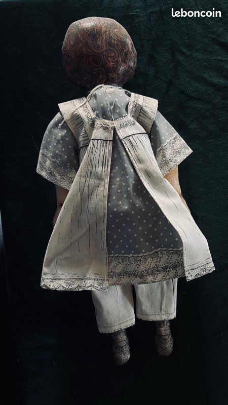 Poupée Japonaise Tissu 1950 – Tête Imprimée, Armature Fil De Fer, Socle Bois, Avec Boîte, 17cm