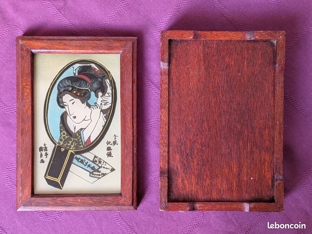 Boîte à bijoux vintage en bois - Inspiration d'Estampe Ukiyo-e Portrait de Bijin par Utagawa Kuniyasu, Artisanat japonais Mid-Century (image 4)