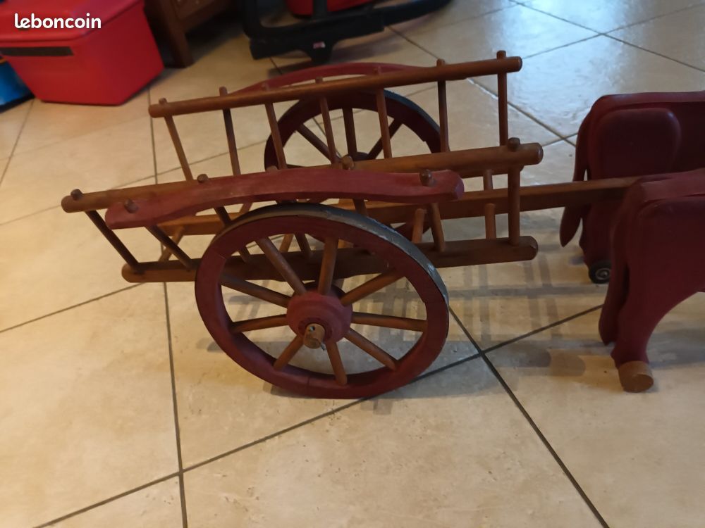 Jouet Ancien Dejou – Attelage De Bœufs En Bois, France, Années 50