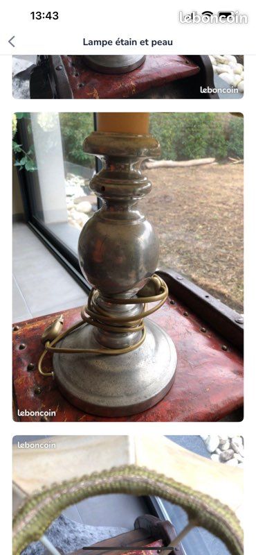 Lampe étain et abat jour en peau (image 2)