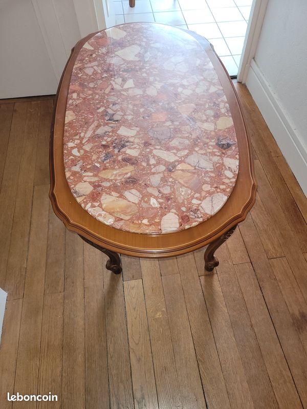 Très belle table basse Louis XV en bois et véritable marbre rose/brèche (image 2)