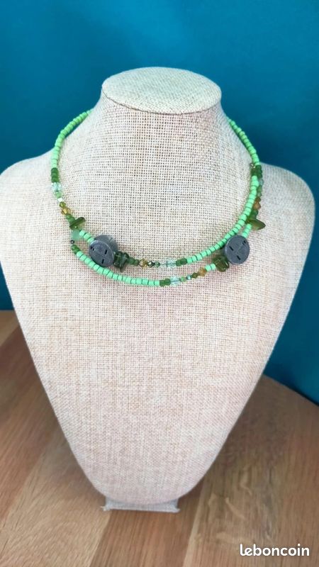Collier Ancien 2 Rangs De Perles En Pâte De Verre Beige/vert - Chute De Perles - Occasion