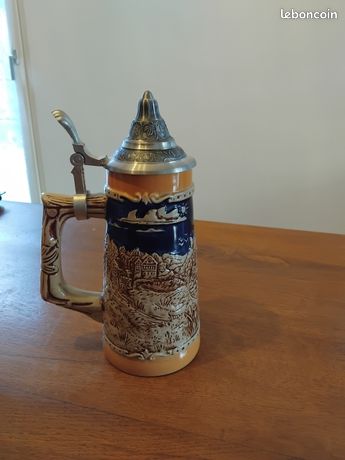Chope De Bière Allemande Gerz Avec Couvercle étain - Céramique Multicolore, Vintage