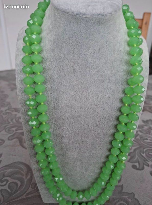 Sautoir Long En Perles De Verre Vert Et Gris – Style Bohème, Plus De 90 Cm, Unique !