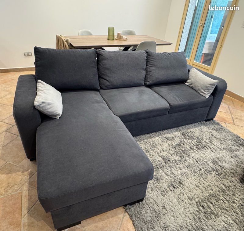 Canapé d’angle convertible réversible avec coffre – gris foncé, très bon état (image 1)