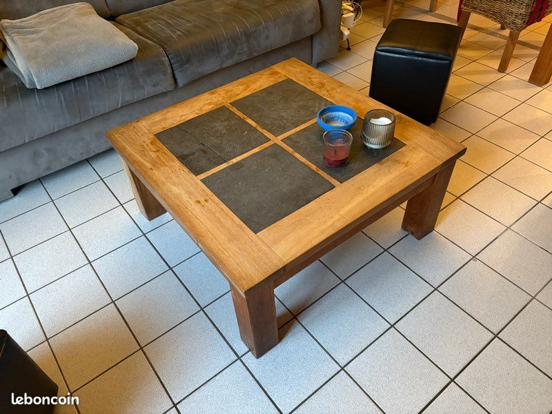 Table basse bois exotique & pierre (image 1)