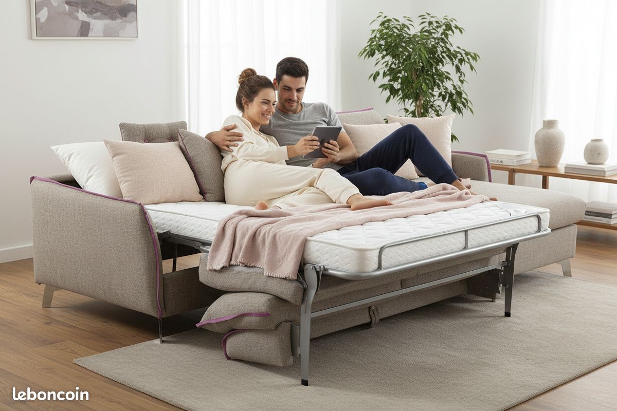 Canapé d'angle convertible méridienne beige avec matelas 14cm d'épaisseur haut de gamme (image 3)