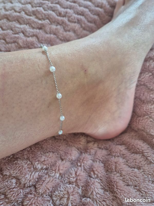 Bracelet de cheville en cuir coulissant perle Argent Homme