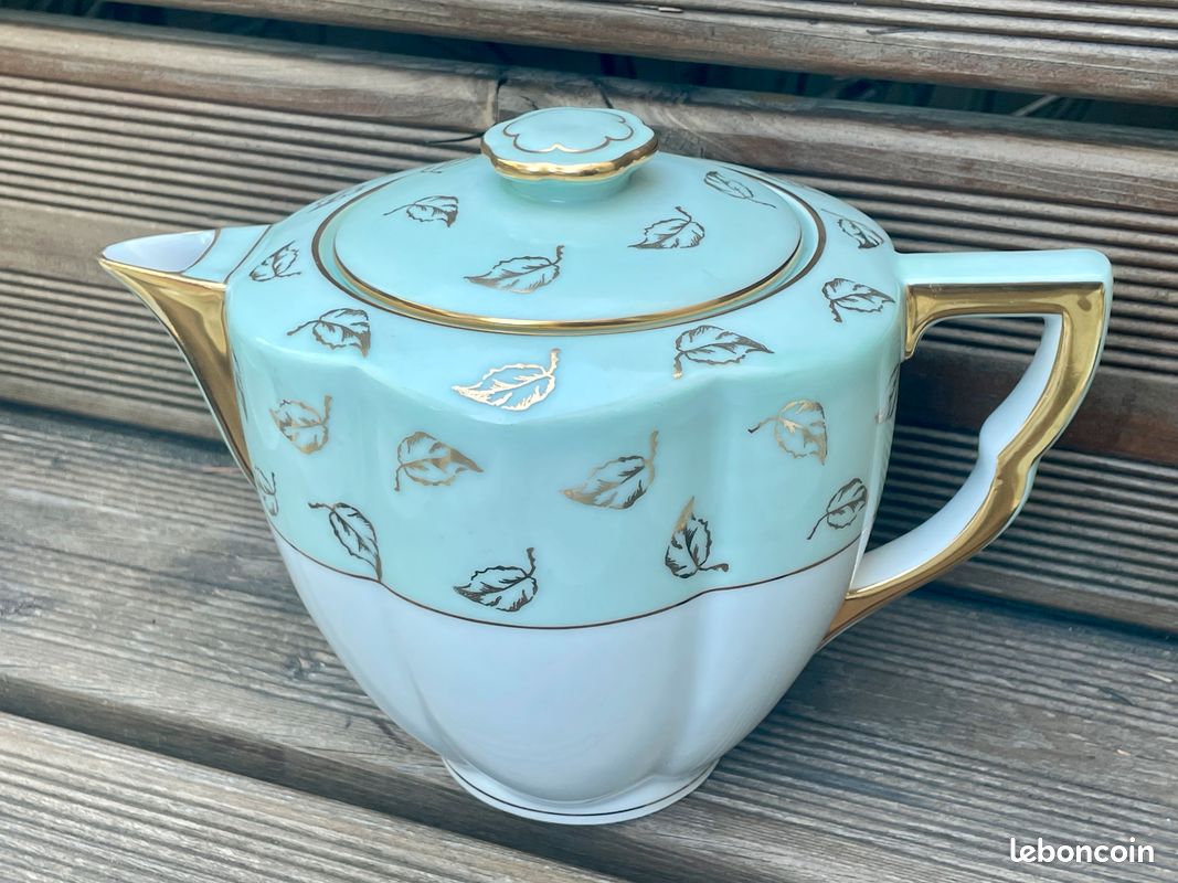 Ancien SERVICE à THE ou CAFE Art Déco Porcelaine Limoges Charles Ahrenfeldt Vert d’eau et Or (image 7)