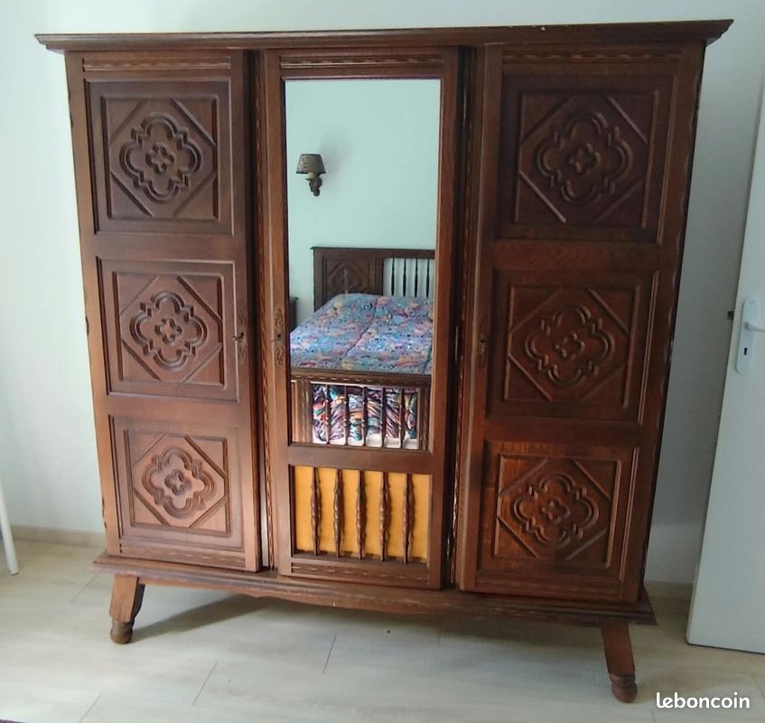 Chambre à coucher Vintage lit, armoire 2 table de chevet bois marron foncé (image 3)