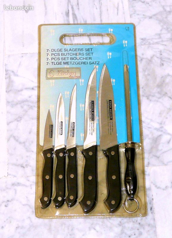 Lot 7 Couteaux Boucher Pro + Hachoir + Aiguiseur – Acier Inox, Poignées Ergonomiques, Set Complet