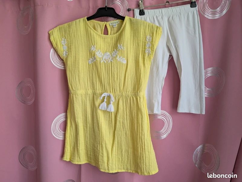 Ensemble été Verbaudet robe jaune brodé et legging short blanc 6 ans (image 1)