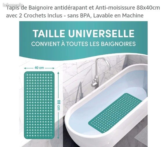 Tapis De Douche Antidérapant EasyBee 70x40 Cm - Bleu, Sans BPA, Sans Latex, Lavable Machine, 180 Ventouses