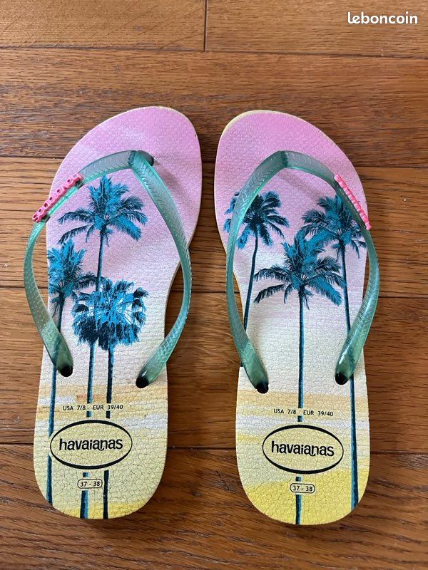 Tong slim femme fille havaianas palmiers rose et jaunes taille 37