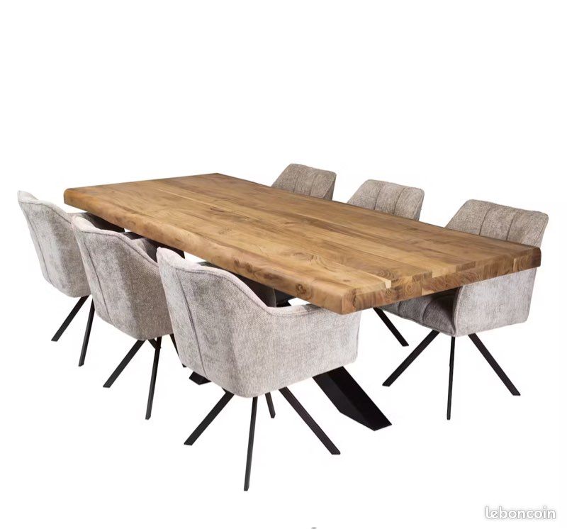 Table Melbourne Pier Import + 6 chaises microfibre douce taupe – Bois d’acacia massif (image 1)