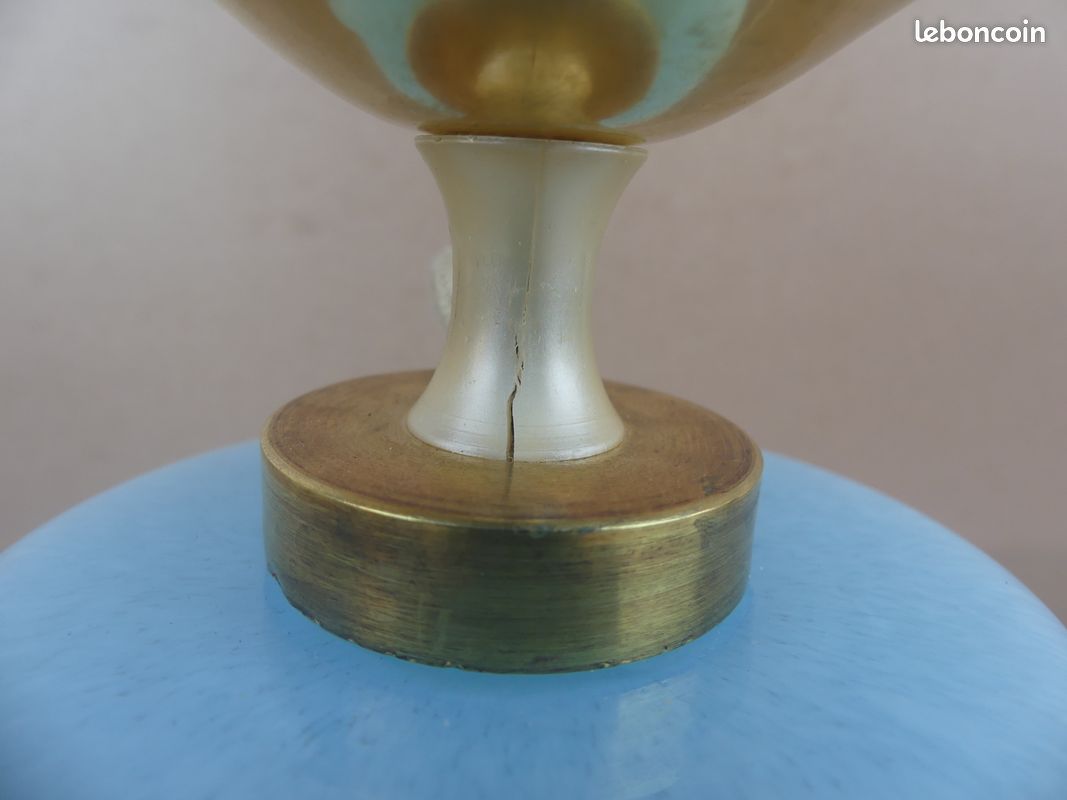 Lampe verre de Clichy bleu & boule blanche de bureau vintage luminaire ancien (image 7)