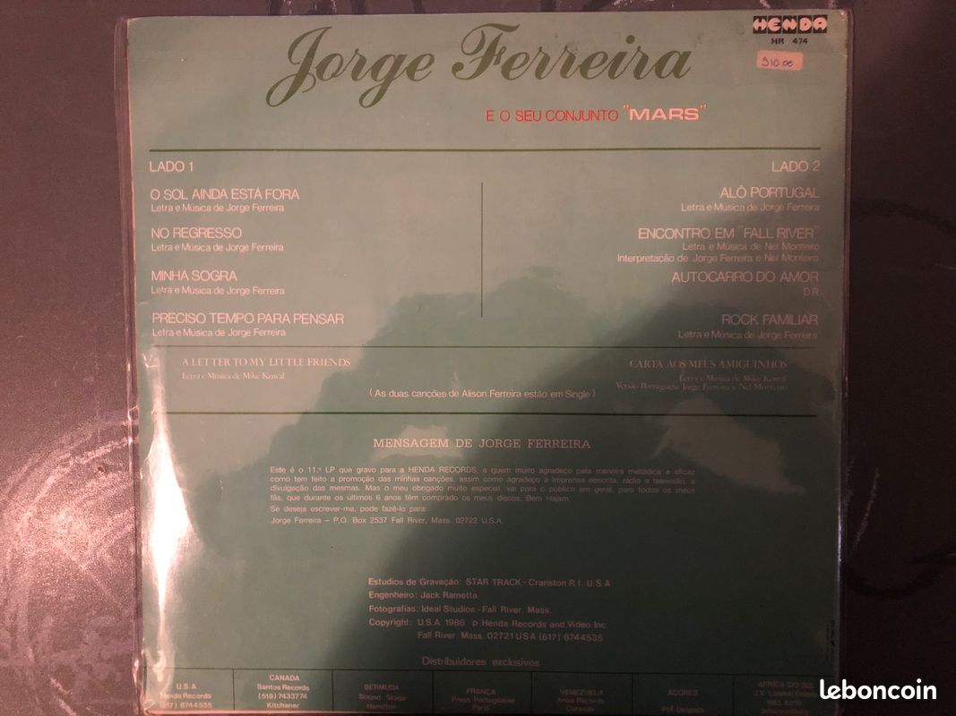 Jorge Ferreira O Sol Ainda Está Fora LP Album Vinyle 33 Tours 1986 Henda Records USA AUTOGRAPHIÉ (image 2)
