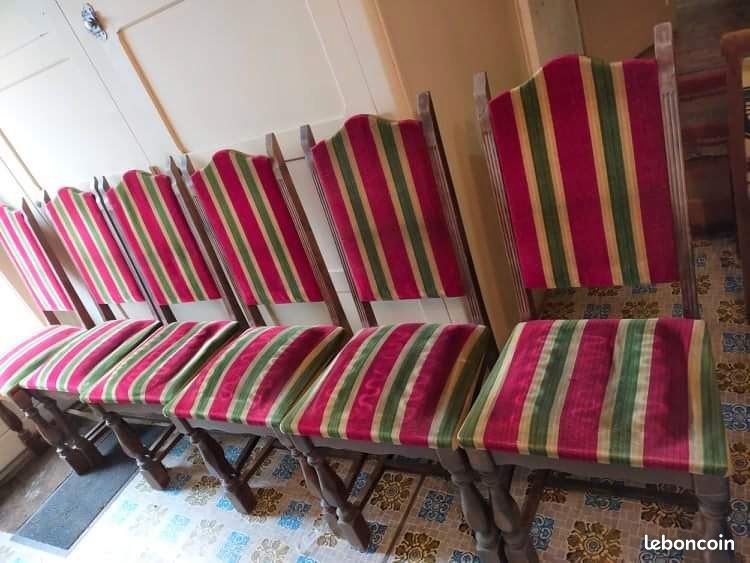 6 chaises à ressorts bois tissu rayé rouge vert (image 2)