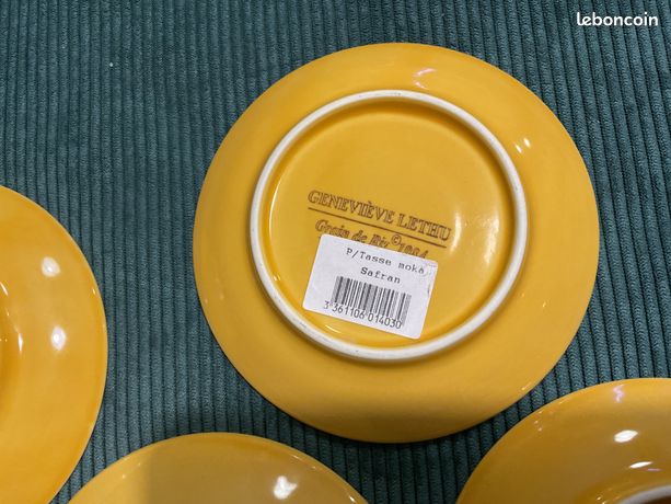 5 Tasses à Café Geneviève Lethu “Grains De Riz” En Faïence Jaune – Lot Vintage