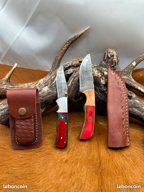 Set de Deux couteaux Damas artisanaux Manches en Bois avec étuis en cuir ref L151 (image 1)