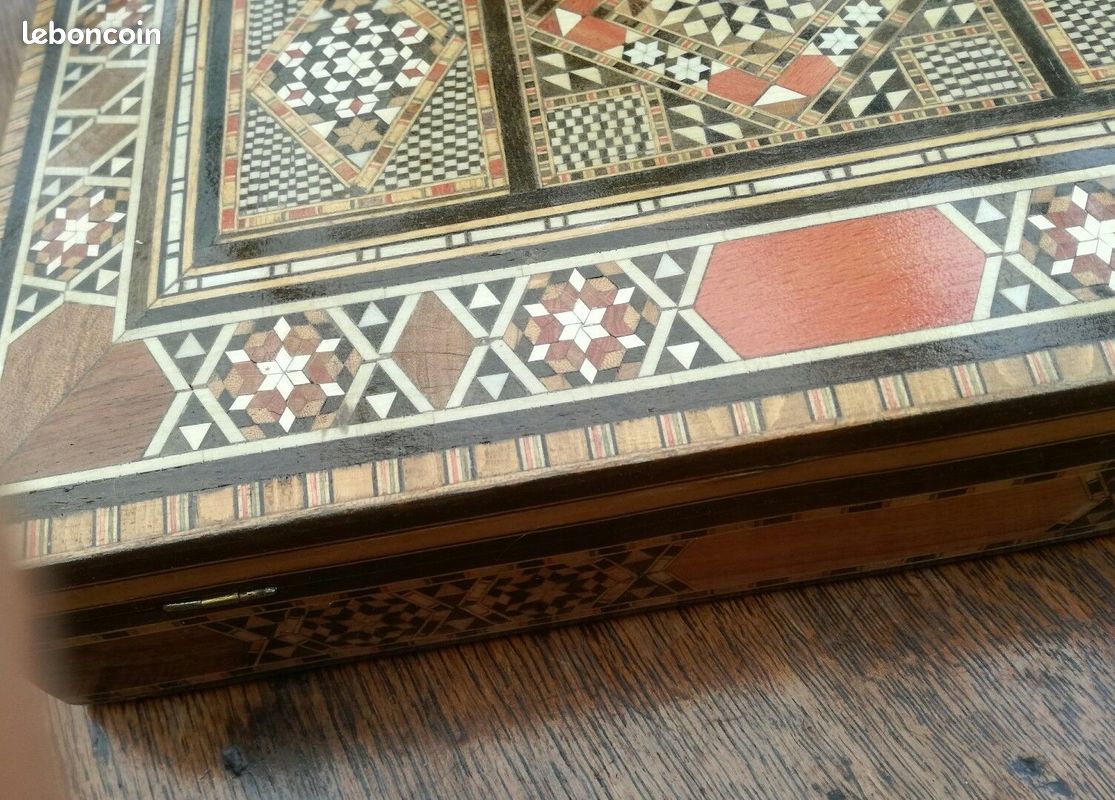 Petite Boîte à Bijoux Ancienne En Marqueterie Syrienne - Bois, Nacre, Os, 12 Cm, Occasion