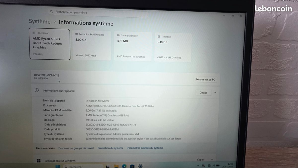LENOVO Thinkpad L15 Gen 1 AMD Ryzen 5 PRO 4650U , SSD NVME 256GO, RAM 8 GO FHD (image 6)