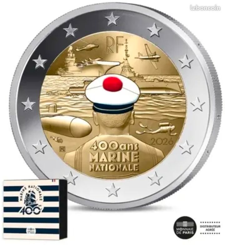 Monnaie 2 euro commémorative Marine Nationale France Qualité Belle Épreuve B. E Colorisé nouveauté 2026 (image 1)