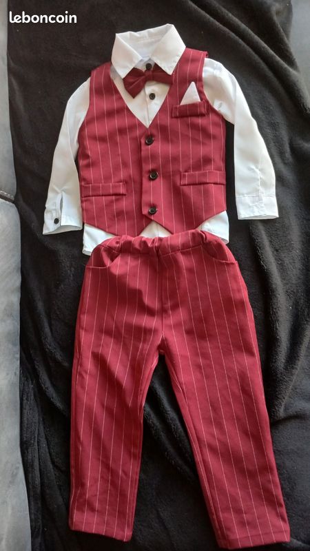 Costume cérémonie bébé 18-24 mois, bordeau a rayures, 4 pieces avec gilet, chemise, pantalon, nœud papillon (image 1)