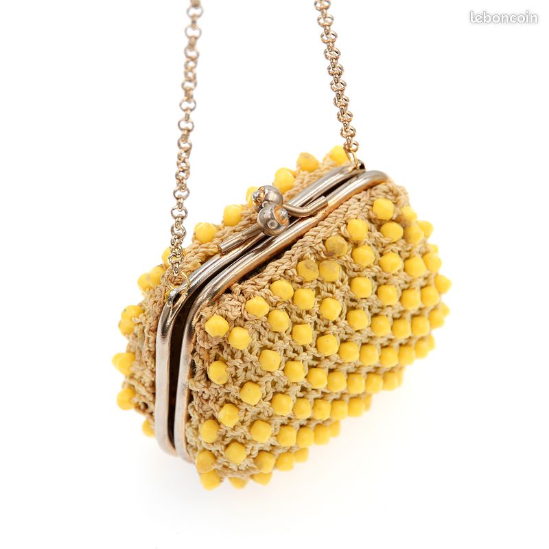 Porte-monnaie Vintage Années 60 en Perles Jaunes Citron, Fermoir Doré, Chaînette Amovible, Accessoire Rétro Élégant (image 3)