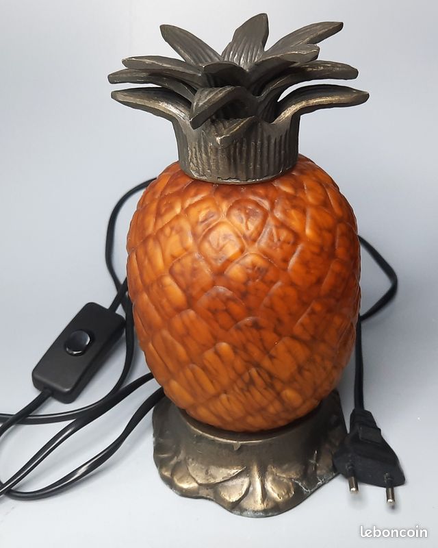 Ancienne et très belle lampe Ananas Pâte de verre ambre & métal patiné style Art Déco (image 2)