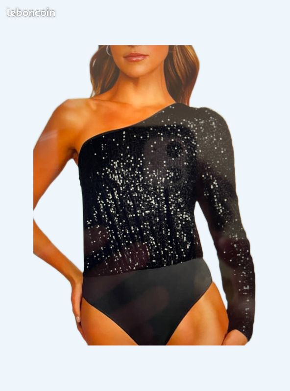 Body asymétrique à manche longue noir à sequins (image 1)