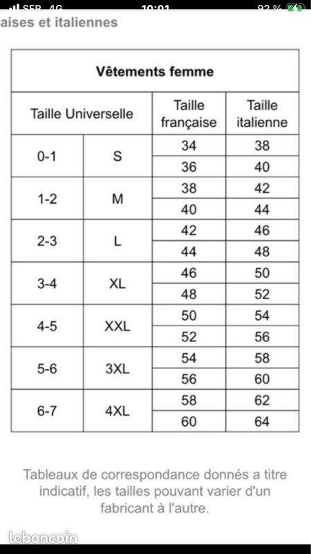 Correspondance Les Tailles De VÃªtements Tailles Vente De