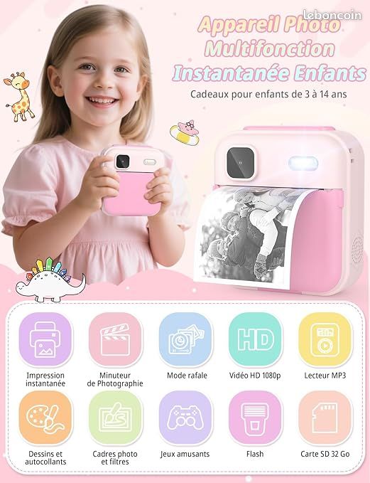 Appareil Photo Instantané Pour Enfants – Écran 2,4″ – 1080p – Caméra Avant/arrière – Impression 1s – Carte 32 Go Incluse – Rose