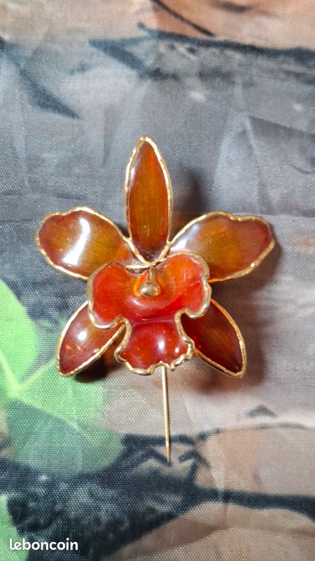 Superbe Broche Pendentif Orchidée, Métal Doré, Vintage, Fantaisie Femme