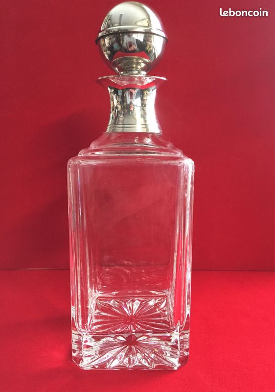 ANCIENNE CARAFE CRISTAL COL BOUCHON PLAQUE ARGENT WHISKY BOURBON COGNAC PORTO Art (image 1)