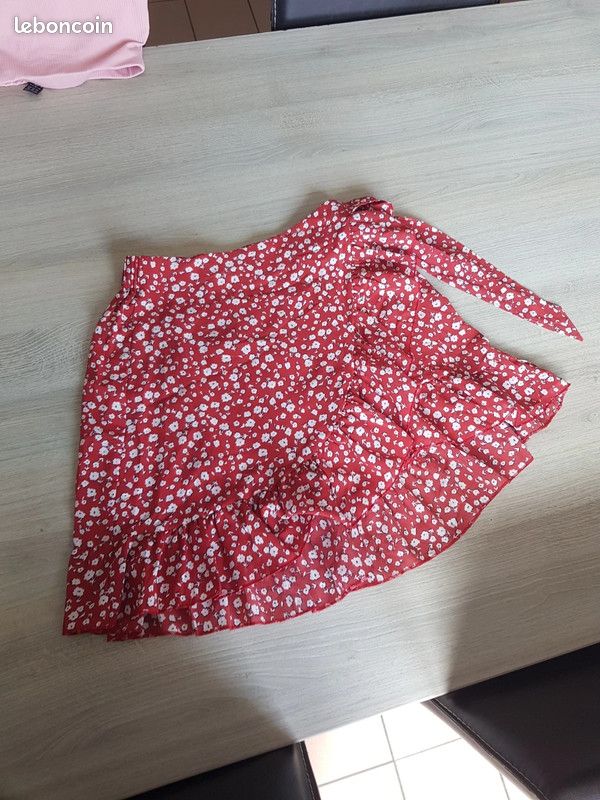 Jupe Côtière Rose Fleurie Taille 10 - Occasion Très Bon état - Style A-Line En Coton