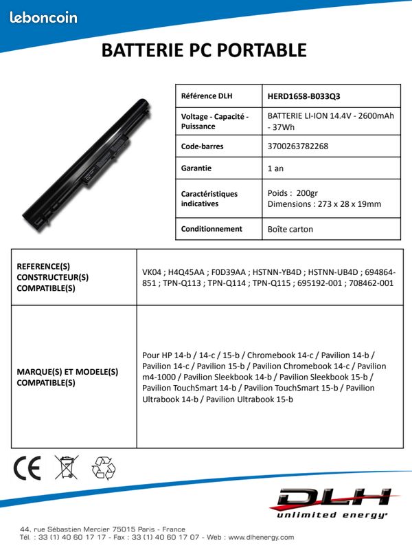 Batterie PC Portable HP Pavilion Sleekbook / Ultrabook - NEUVE LI-ION 14.4V - 2600mAh - 37Wh (Voir modèles compatibles dans la description) (image 2)