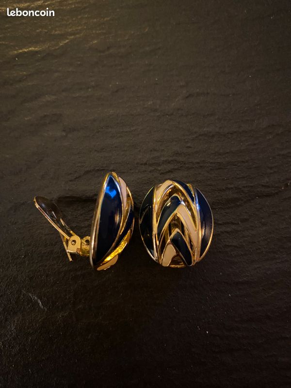 Boucles D'Oreilles Clips Vintage Émaillées - Doré - Très Bon État Occasion