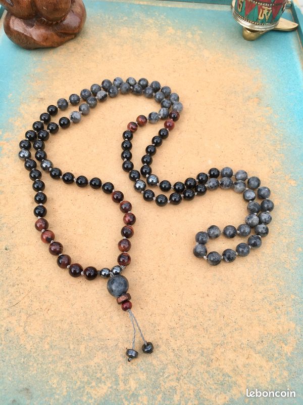Collier Mala 108 Perles Onyx & Tourmaline Noire Avec Pendentif Irrégulier - Homme