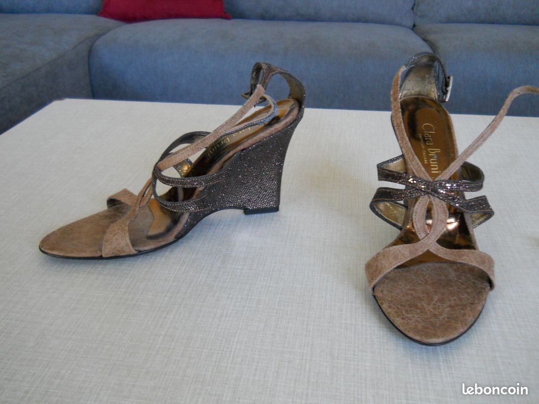 Sandales talon compensé cuir marron et détail cuivré T37 agn (image 2)