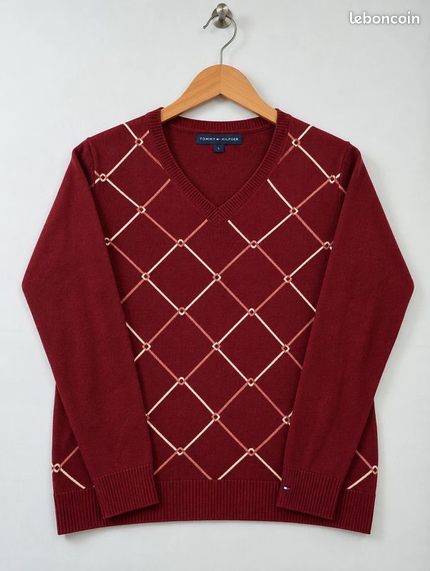 Pull Tommy Hilfiger col en V losanges finitions côtelées style argyle logo brodé Femme taille M (image 1)