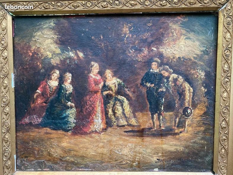 MONTICELLI Adolphe Tableau ancien Scène Galante Élégantes au Parc Peinture 19ème (image 7)