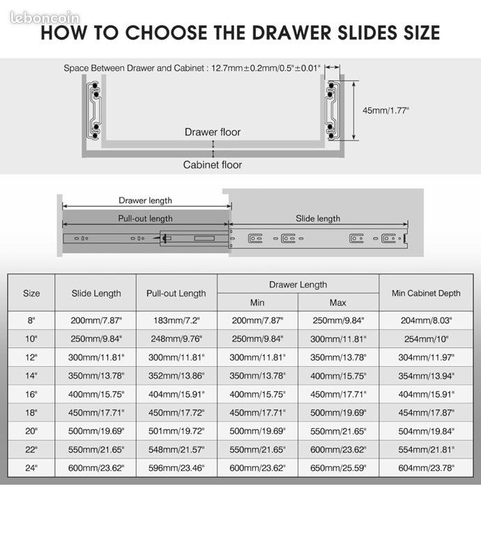 10 Paires De Glissières De Tiroir à Billes Extension Complète 16" - Fitslide