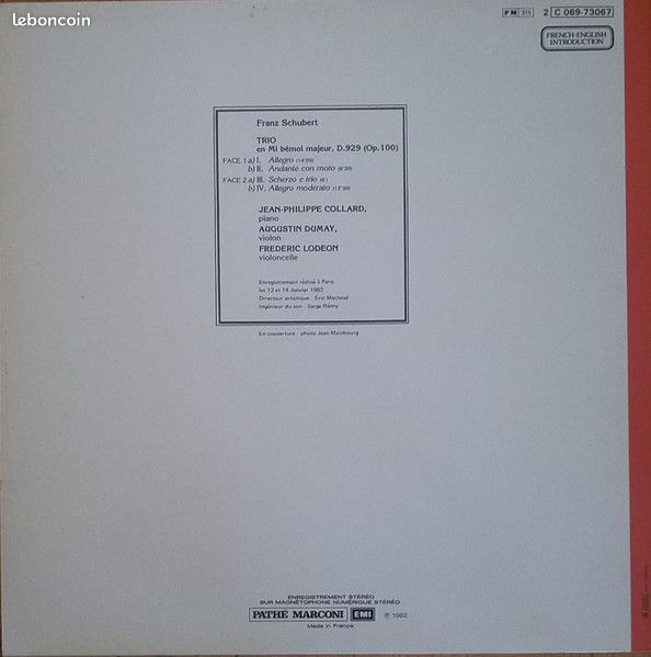 Schubert* - Jean-Philippe Collard, Augustin Dumay, Frédéric Lodéon – Piano Trio No. 2 D.929 (op. 100) (image 2)
